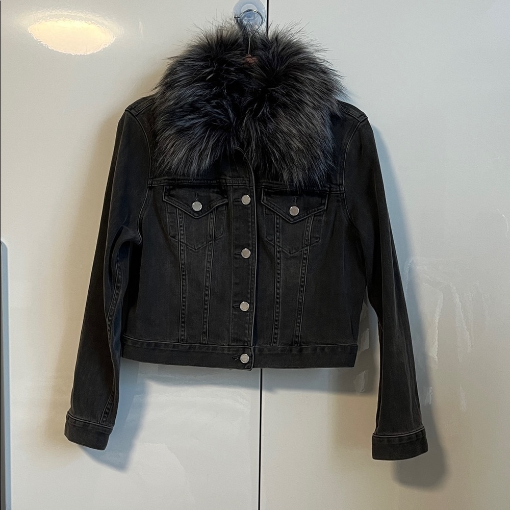 NWOT Michael Kors Black Denim Jean Jacket Faux Fur Collar Removeable, Size M